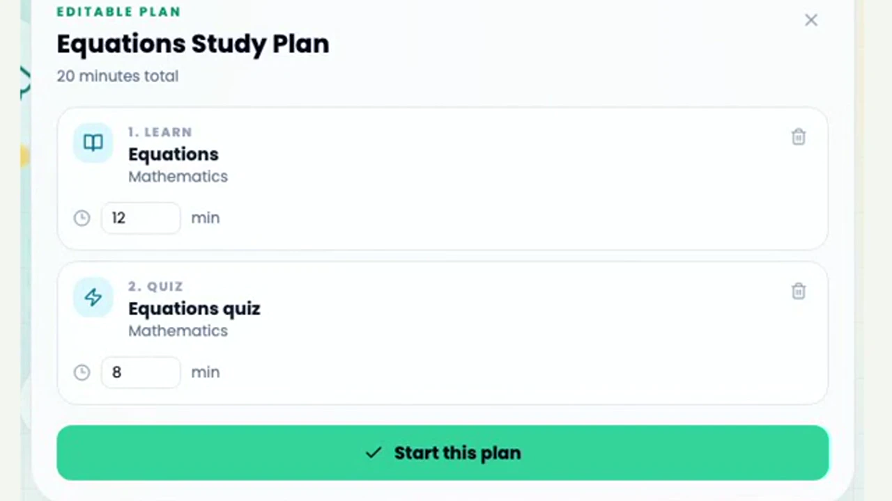 Actual AI study plan · 12 minutes learning + 8 minutes quiz