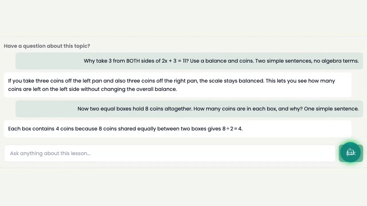 Actual AI explanation and follow-up · synthetic learner
